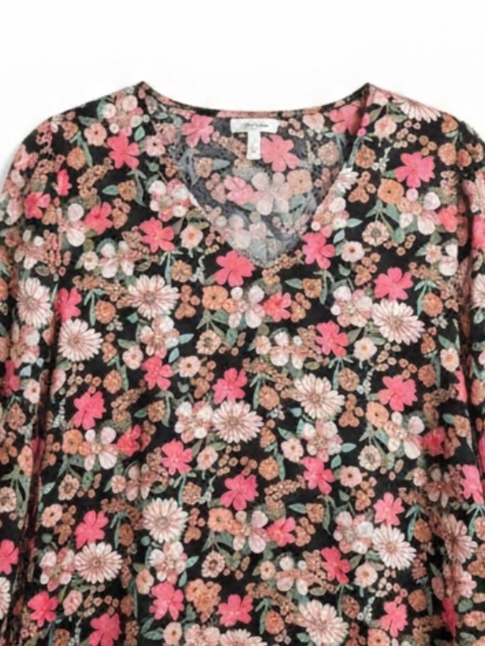 Jodifl Black Floral Chiffon V-Neck Long Sleeve Tunic Top Size Large - Picture 8 of 8